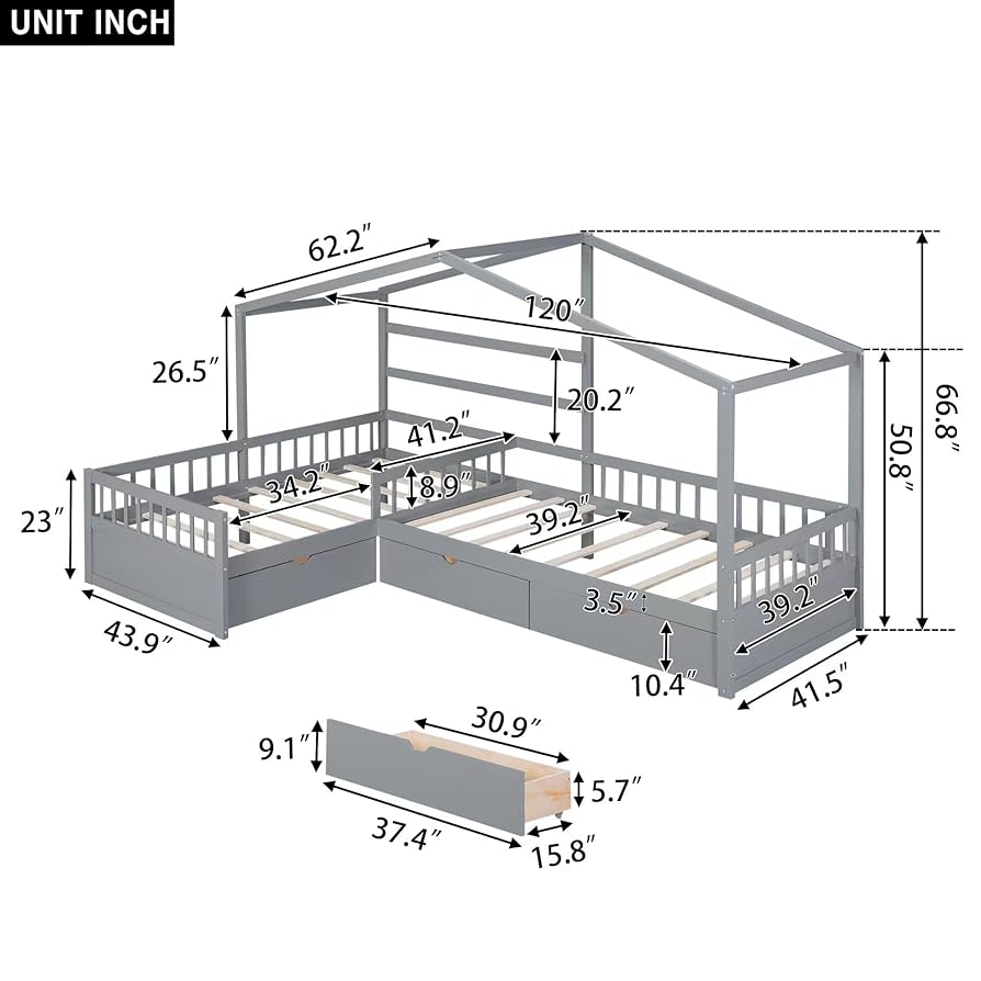 3Dペーパーハウス(trois dimensions) Twin Size Loft Bed, House Shaped with Built-in Ladder for